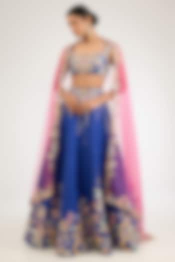 Electric Blue Raw Silk Applique Embellished Bridal Lehenga Set by Aisha Rao at Pernia's Pop Up Shop