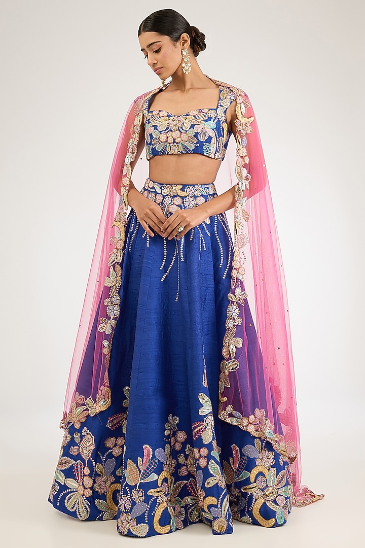 Electric Blue Raw Silk Applique Embellished Bridal Lehenga Set by Aisha Rao at Pernia's Pop Up Shop