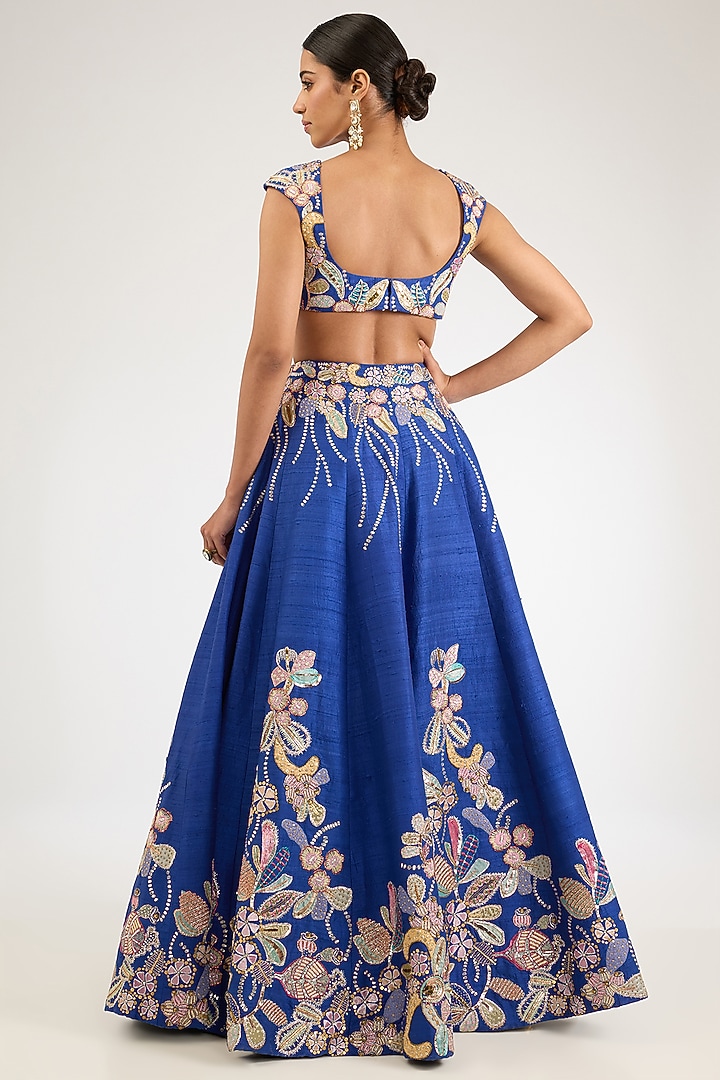 Electric Blue Raw Silk Applique Embellished Bridal Lehenga Set by Aisha Rao at Pernia's Pop Up Shop