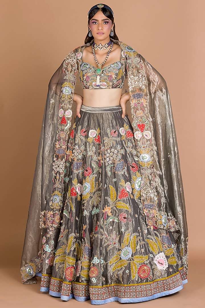 Grey Zardosi Embellished Kalidar Bridal Lehenga Set by Aisha Rao at Pernia's Pop Up Shop