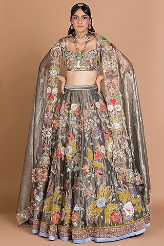 Grey Zardosi Embellished Kalidar Lehenga Set by Aisha Rao