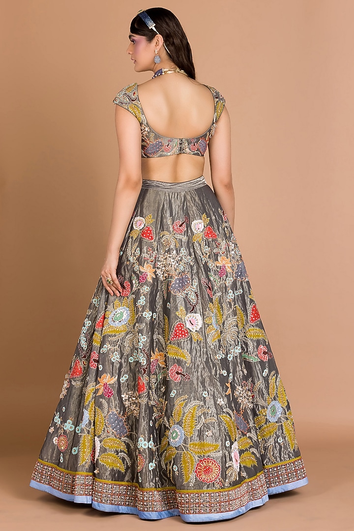 Grey Zardosi Embellished Kalidar Bridal Lehenga Set by Aisha Rao at Pernia's Pop Up Shop