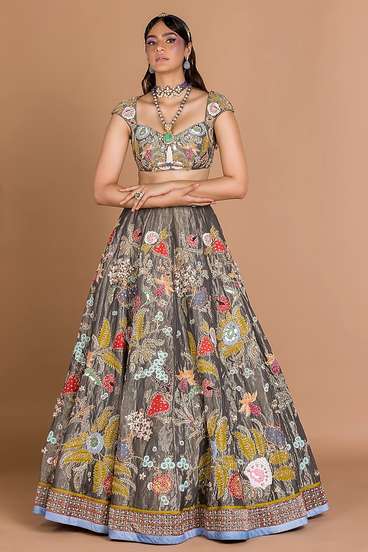 Grey Zardosi Embellished Kalidar Bridal Lehenga Set by Aisha Rao at Pernia's Pop Up Shop
