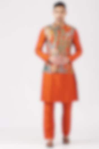 Orange Kurta Set With Bundi Jacket by Aisha Rao Men