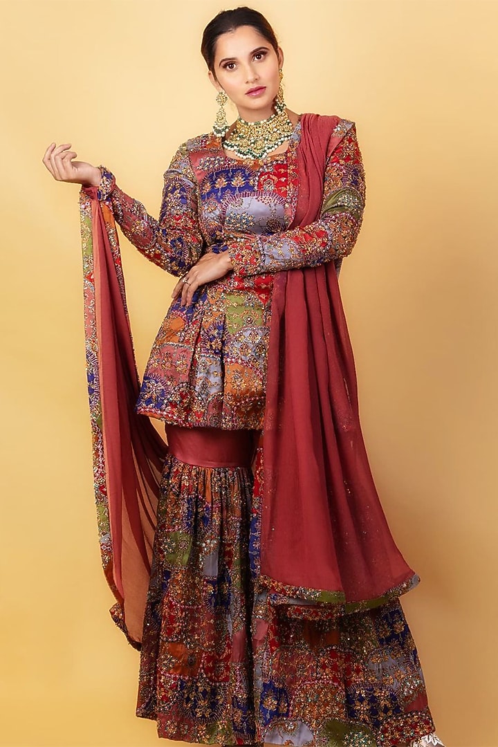 Peach Printed Bridal Sharara Set by Aisha Rao at Pernia's Pop Up Shop
