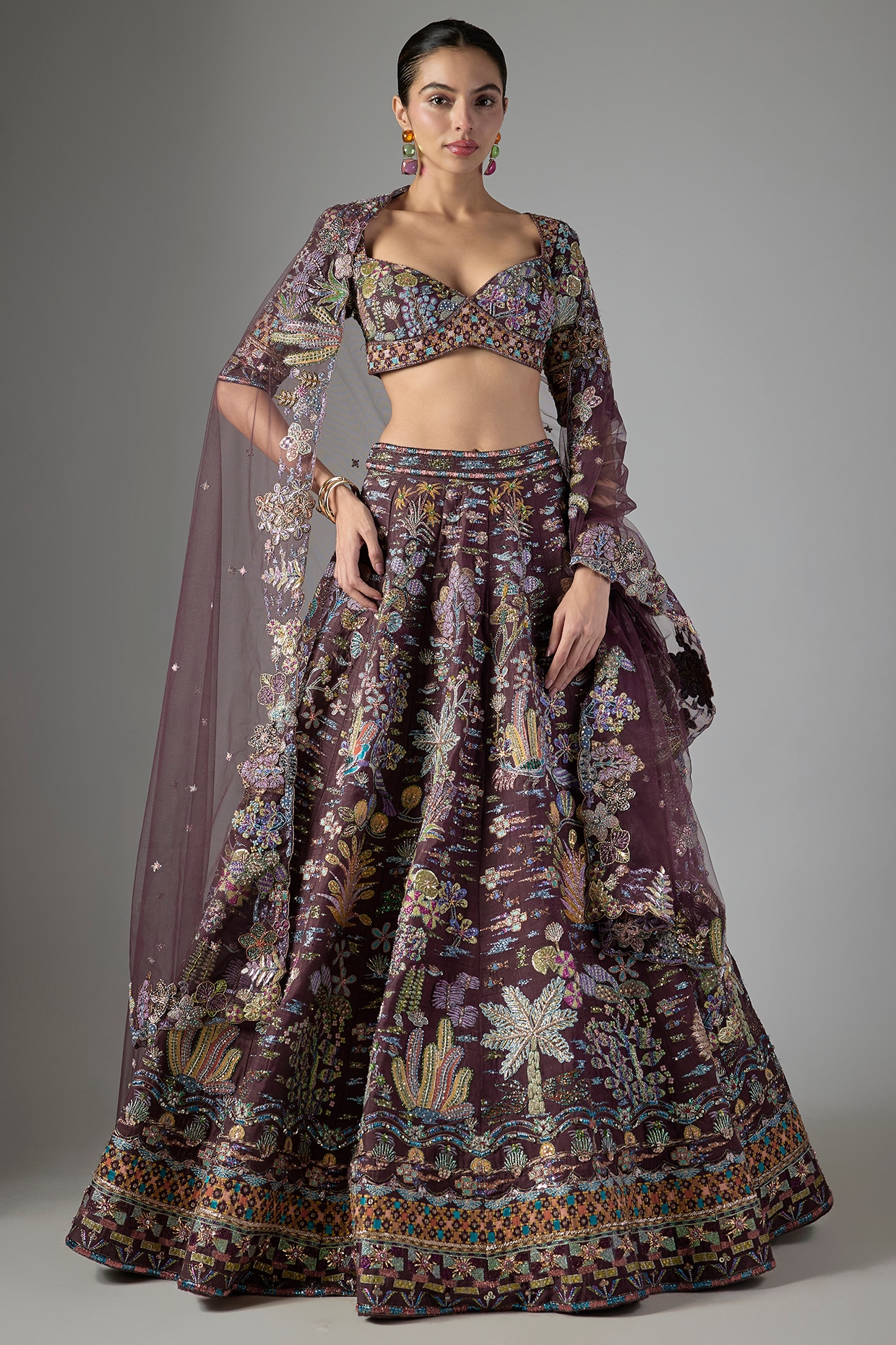 Aisha Rao Teakberry Raw Silk & Tulle Applique Embellished Lehenga Set