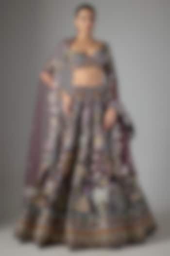 Teakberry Raw Silk & Tulle Applique Embellished Bridal Lehenga Set by Aisha Rao at Pernia's Pop Up Shop
