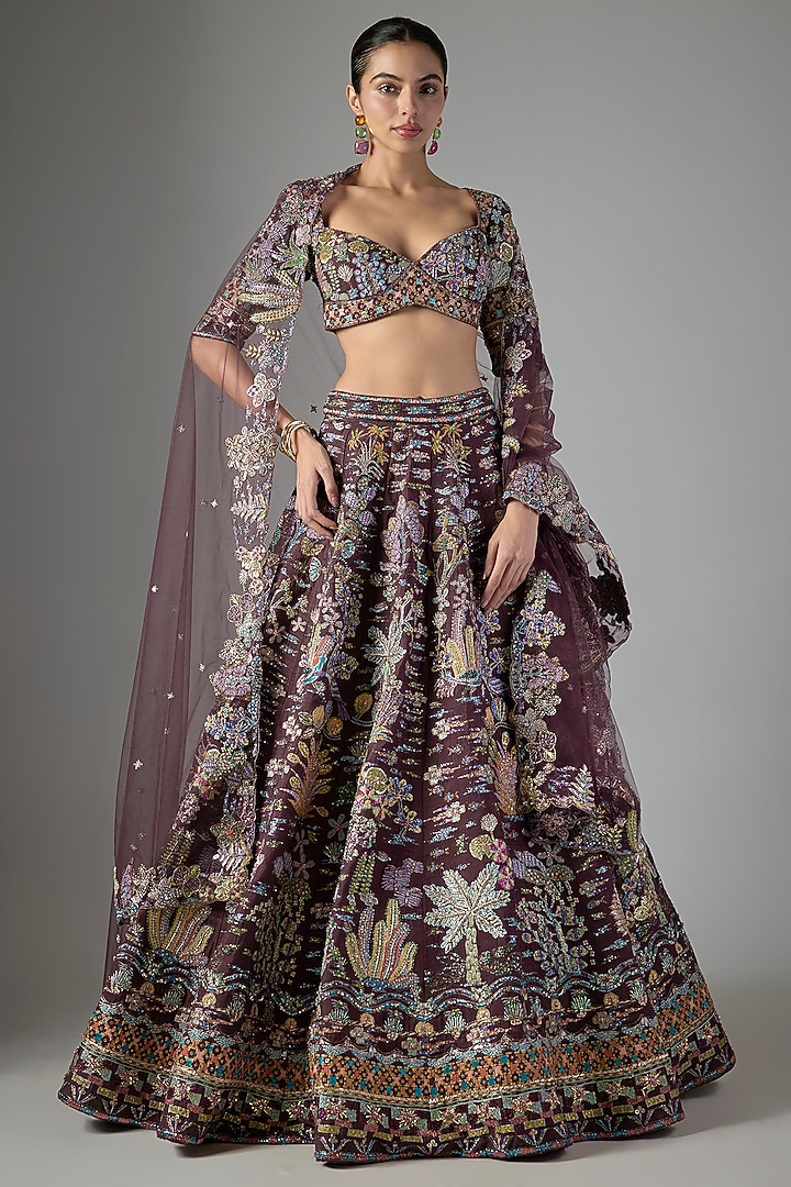 Teakberry Raw Silk & Tulle Applique Embellished Bridal Lehenga Set by Aisha Rao at Pernia's Pop Up Shop