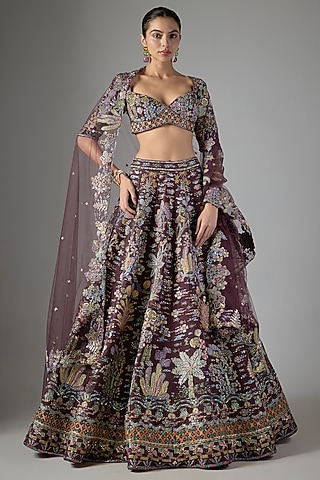 Teakberry Raw Silk & Tulle Applique Embellished Lehenga Set by Aisha Rao