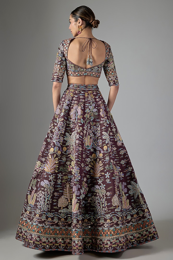 Teakberry Raw Silk & Tulle Applique Embellished Bridal Lehenga Set by Aisha Rao at Pernia's Pop Up Shop