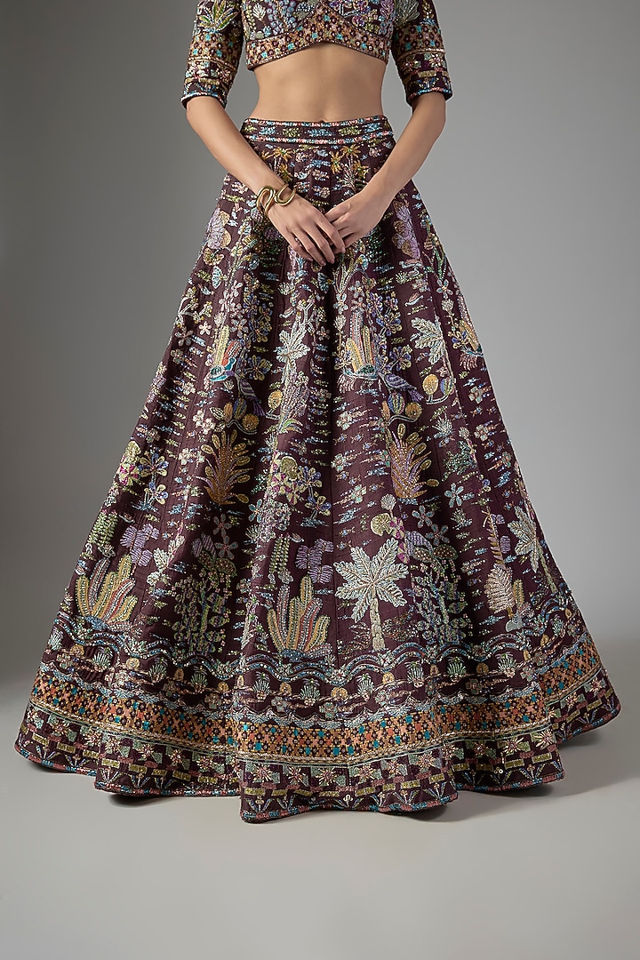 Teakberry Raw Silk & Tulle Applique Embellished Bridal Lehenga Set by Aisha Rao at Pernia's Pop Up Shop