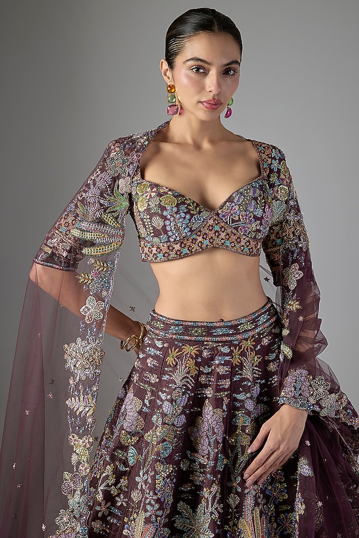 Teakberry Raw Silk & Tulle Applique Embellished Bridal Lehenga Set by Aisha Rao at Pernia's Pop Up Shop