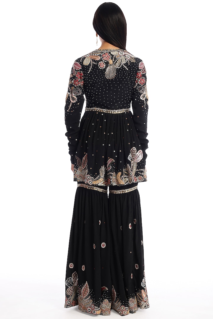 Black Mulberry Crepe Applique Embellished Gharara Set by Aisha Rao at Pernia's Pop Up Shop