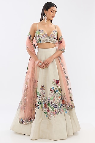Ivory Raw Silk Applique Embellished Lehenga Set by Aisha Rao