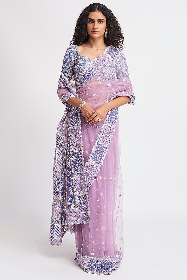 Lavender Tulle Applique Embellished Bridal Saree Set by Aisha Rao at Pernia's Pop Up Shop