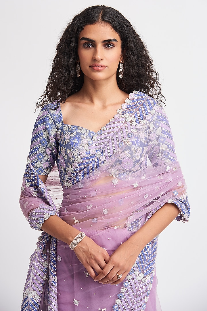 Lavender Tulle Applique Embellished Bridal Saree Set by Aisha Rao at Pernia's Pop Up Shop