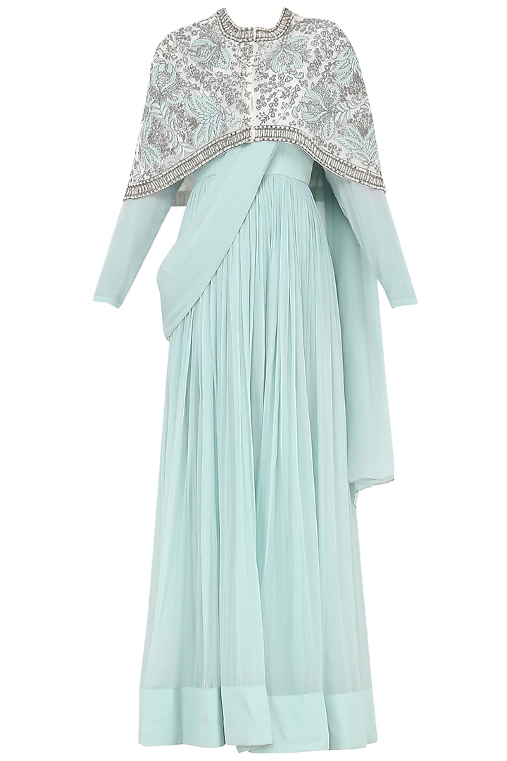 Powder blue anarkali gown with embroidered cape available only at ...
