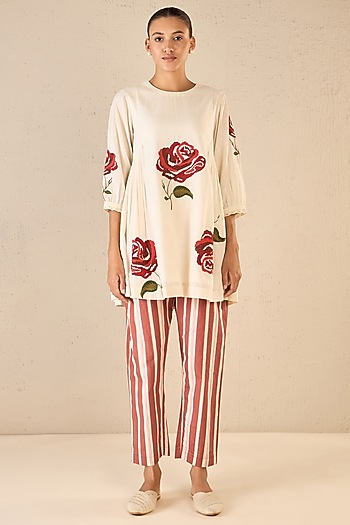Ivory Cotton Floral Embroidered Tunic Set by Shivani Bhargava at Pernia's Pop Up Shop
