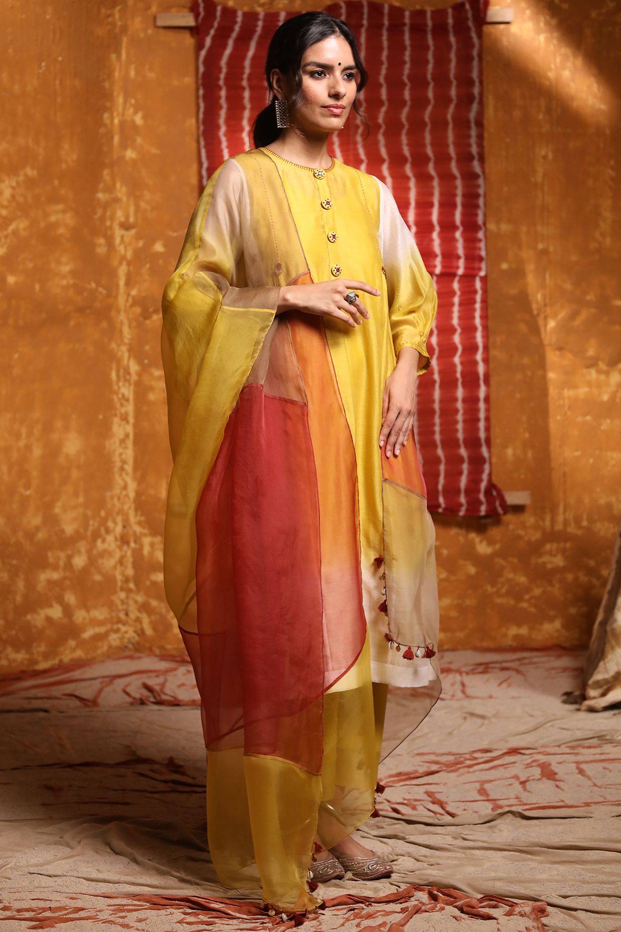 Mustard Handloom Chanderi Button Embroidered Ombre Kurta Set by Shivani Bhargava at Pernia's Pop Up Shop