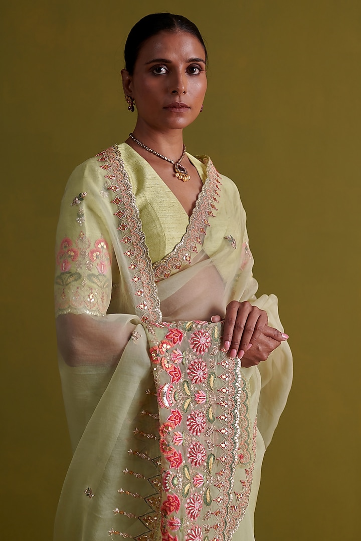 Pista Green Raw Silk Thread Embroidered Blouse by aarti Sethia at Pernia's Pop Up Shop
