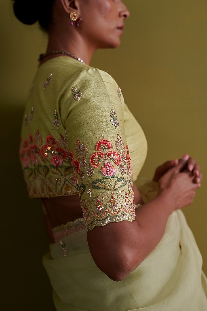 Pista Green Raw Silk Thread Embroidered Blouse by aarti Sethia at Pernia's Pop Up Shop