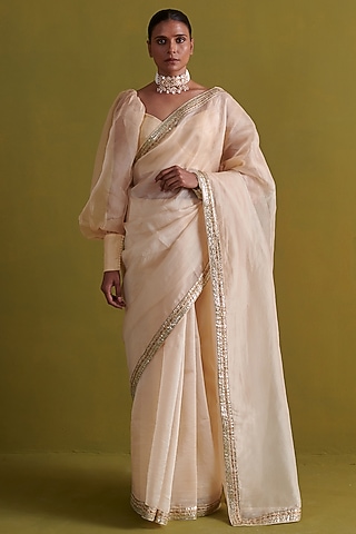 Beige Silk Organza Gota Patti Saree Set by aarti Sethia