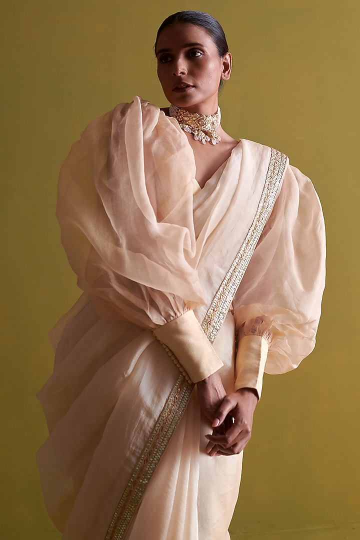 Beige Silk Organza Gota Patti Wedding Saree Set by aarti Sethia at Pernia's Pop Up Shop