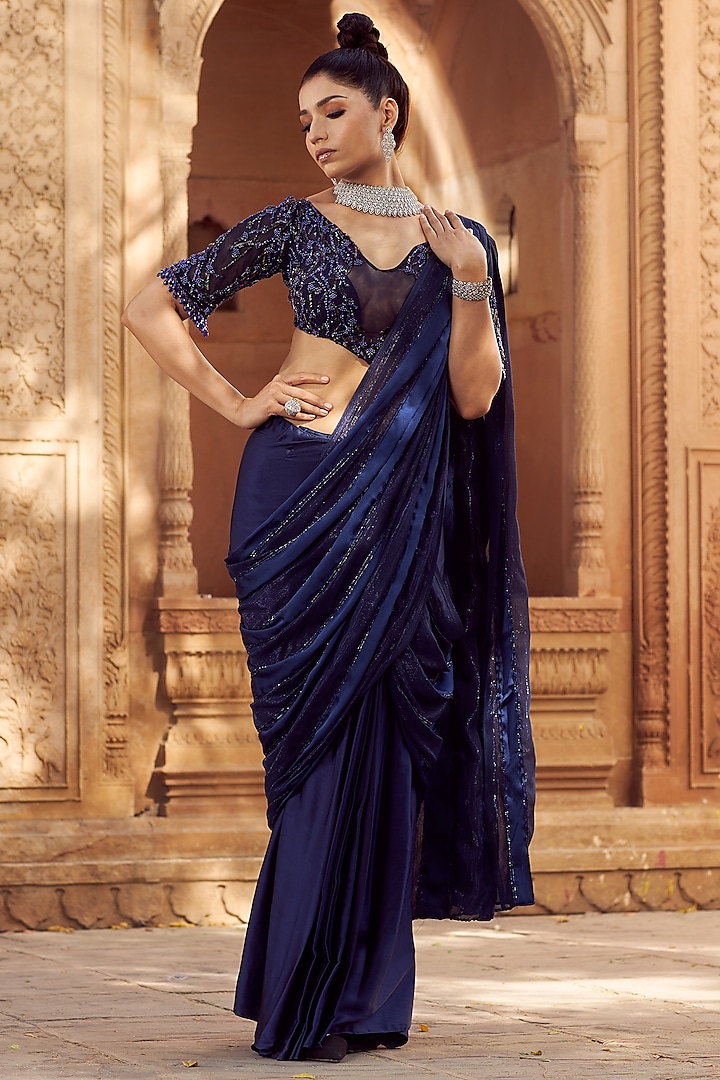 Midnight Blue Embroidered Saree Set by Aakansha Singhal