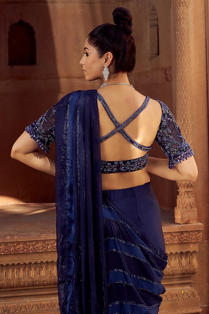 Midnight Blue Embroidered Wedding Saree Set by Aakansha Singhal at Pernia's Pop Up Shop