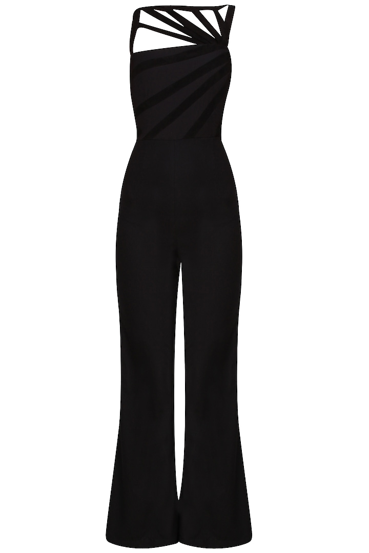 Black Multiple Goat Suede Striped Jumpsuit by AAWA By Aastha Wadhwa