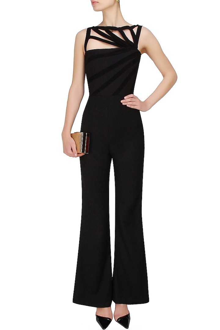 Black multiple goat suede striped jumpsuit available only at Pernia's Pop Up Shop.
