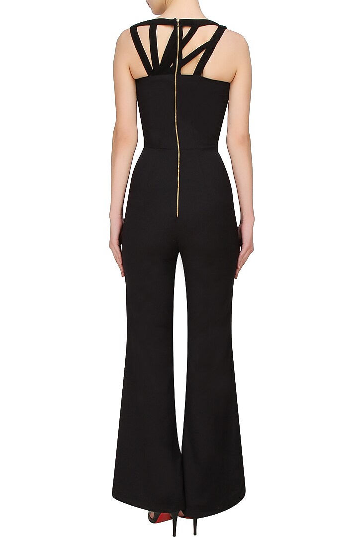 Black multiple goat suede striped jumpsuit available only at Pernia's Pop Up Shop.