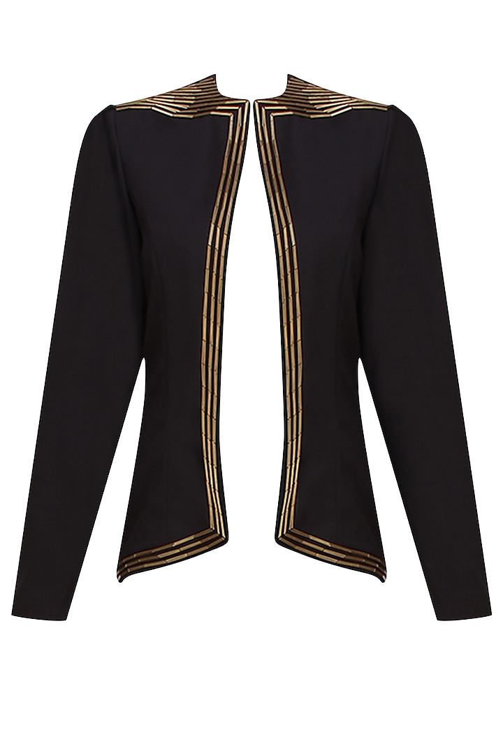 Black Golden Pipes Embellished Blazer by AAWA By Aastha Wadhwa