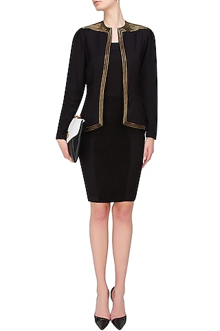 Black Golden Pipes Embellished Blazer by AAWA By Aastha Wadhwa