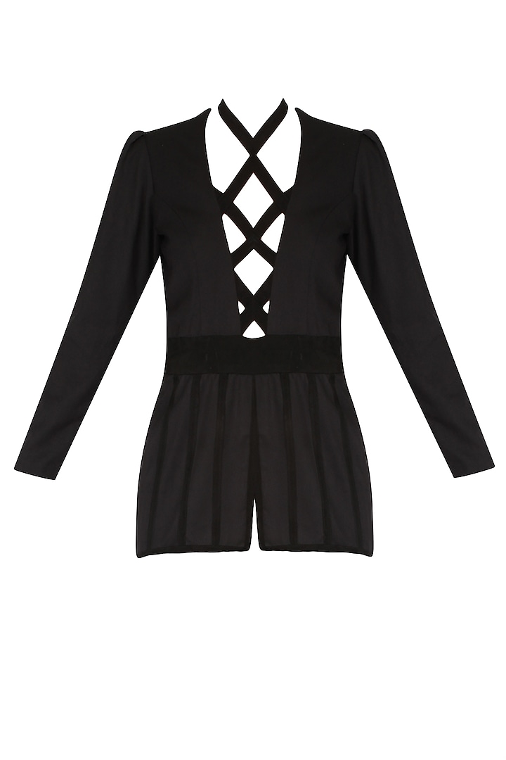 Black Criss Cross Goat Suede Peplum Top by AAWA By Aastha Wadhwa