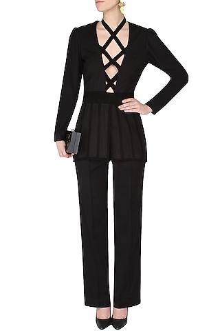 Black Criss Cross Goat Suede Peplum Top by AAWA By Aastha Wadhwa