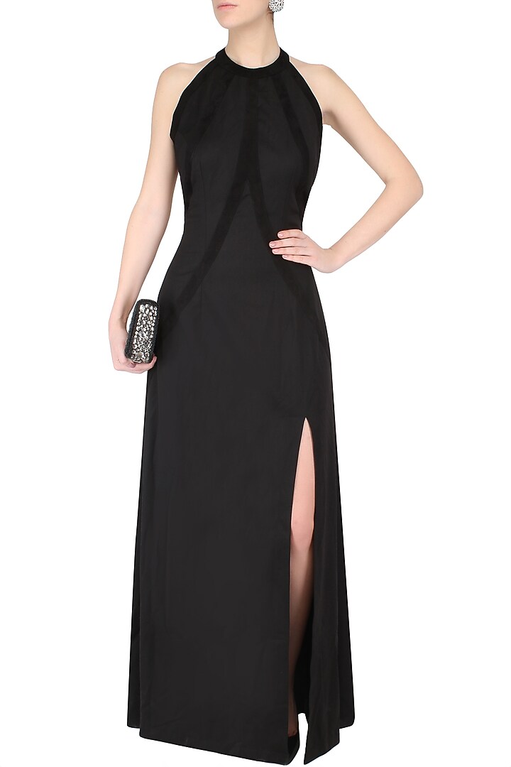 Aawa by Aastha Wadhwa presents Black halter neck goat suede gown available only at Pernia's Pop Up Shop