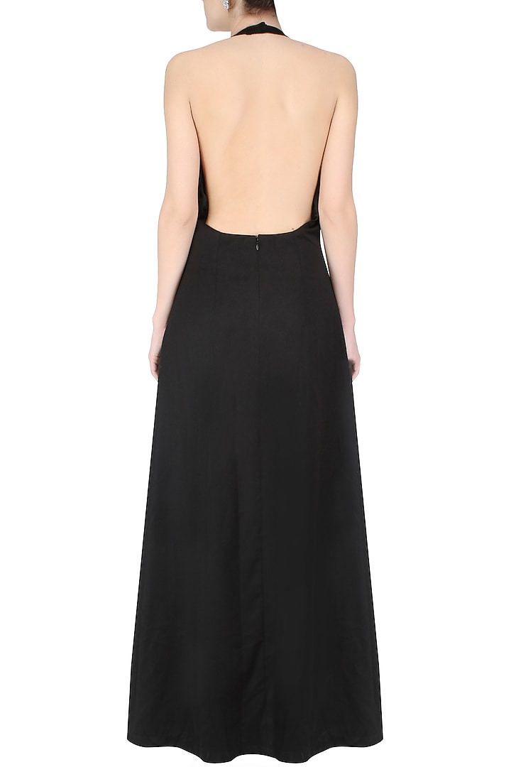 Aawa by Aastha Wadhwa presents Black halter neck goat suede gown available only at Pernia's Pop Up Shop
