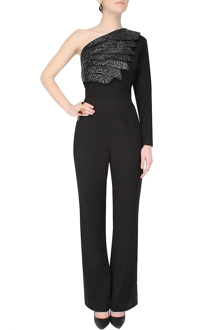 Aawa by Aastha Wadhwa presents Black one shoulder flared jumpsuit available only at Pernia's Pop Up Shop