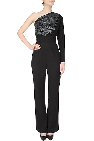 Black One Shoulder Flared Jumpsuit by AAWA By Aastha Wadhwa