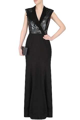 Black Cap Sleeves Stand Up Collar Gown by AAWA By Aastha Wadhwa