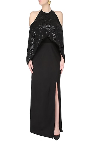Black Halterneck Batwing Sleeves Evening Gown by AAWA By Aastha Wadhwa
