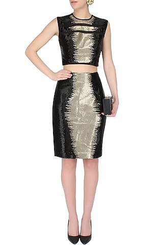 Black And Gold Cutdana Handcrafted Crop Top With Matching Pencil Skirt by AAWA By Aastha Wadhwa
