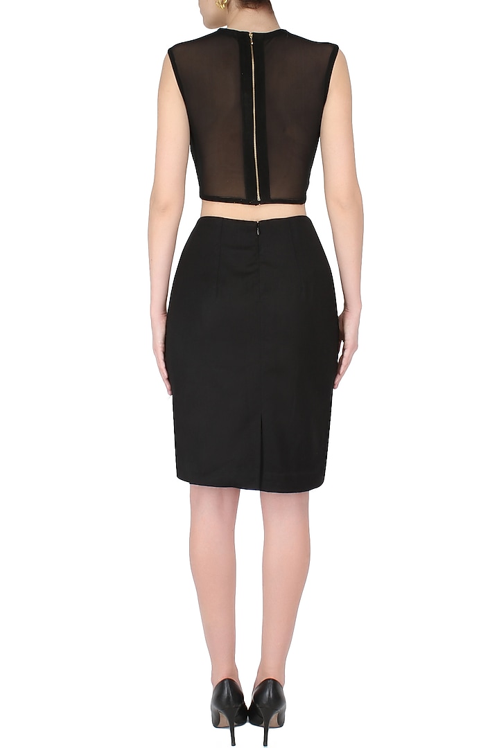 Aawa by Aastha Wadhwa presents Black and gold cutdana handcrafted crop top with pencil skirt available only at Pernia's Pop Up Shop