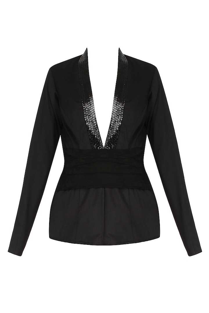 Aawa by Aastha Wadhwa presents Black V neck top with goat suede belt available only at Pernia's Pop Up Shop