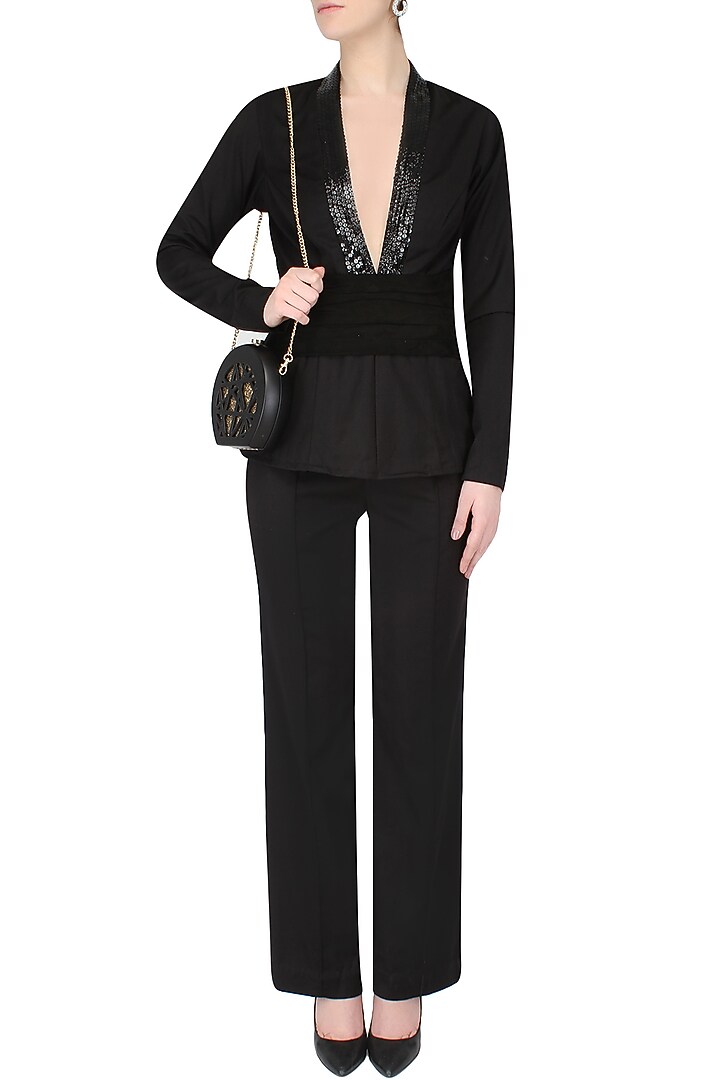 Aawa by Aastha Wadhwa presents Black V neck top with goat suede belt available only at Pernia's Pop Up Shop