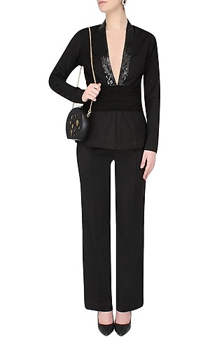 Black V Neck Top With Goat Suede Belt by AAWA By Aastha Wadhwa