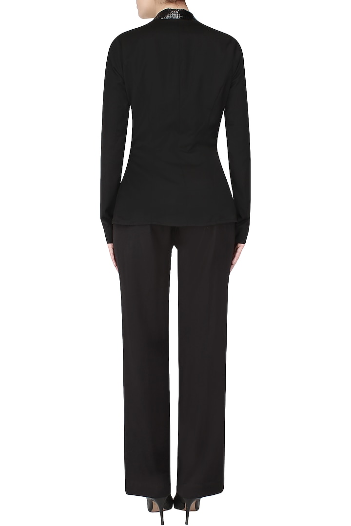 Aawa by Aastha Wadhwa presents Black V neck top with goat suede belt available only at Pernia's Pop Up Shop