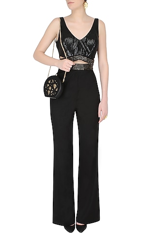 Black Cutout Embroidered Flared Jumpsuit by AAWA By Aastha Wadhwa