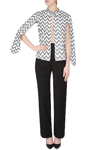 White Handcrafted Chevron Pattern Cape Jacket by AAWA By Aastha Wadhwa
